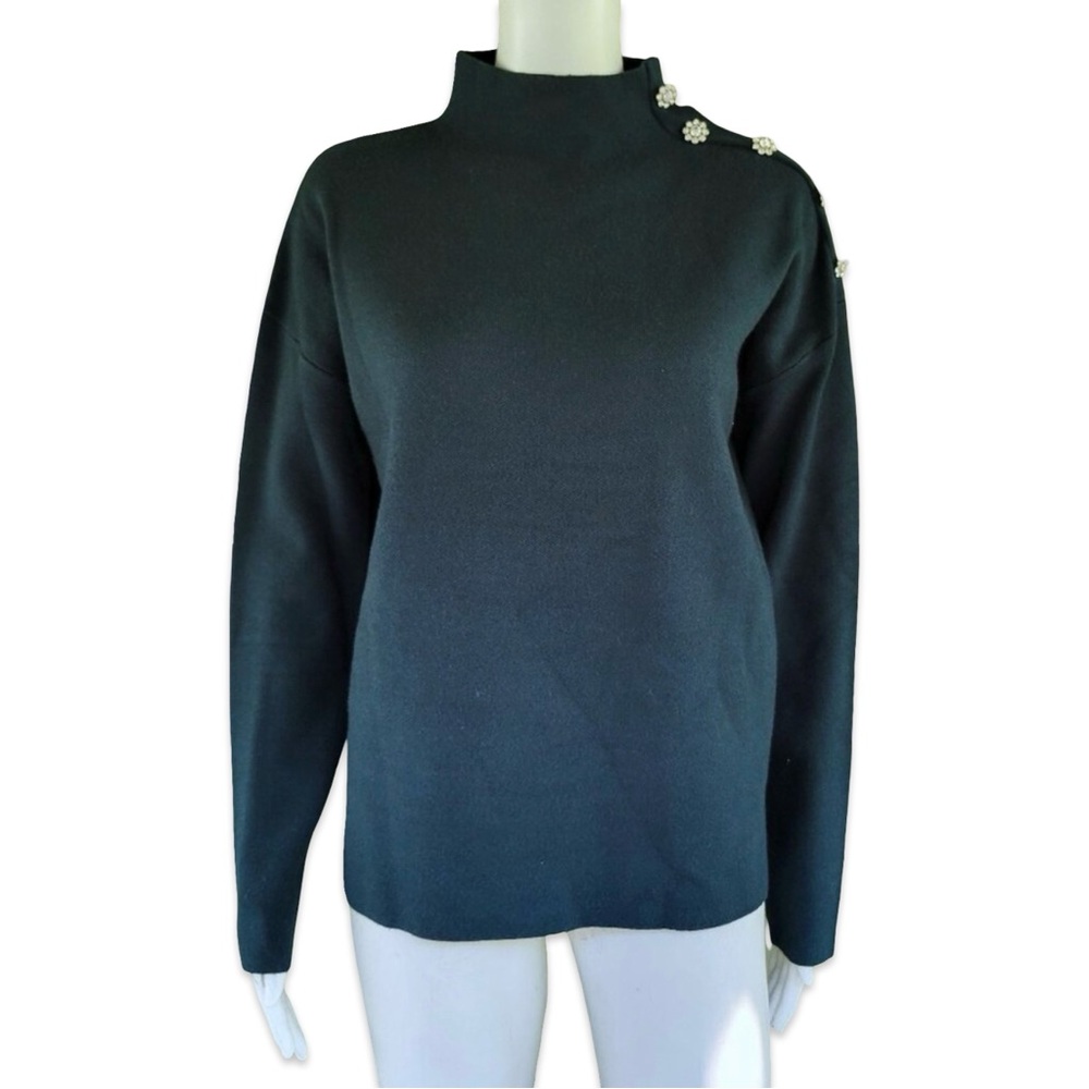 Tahari Jade Green High Neck Sweater with Crystal Brooches